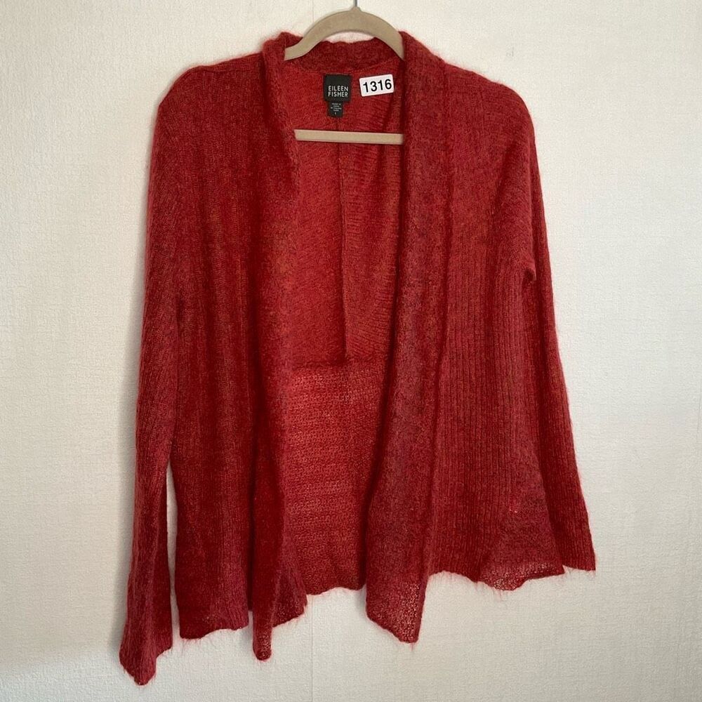 Eileen Fisher Women L Mohair Melange Cardigan Sweater Minimalist Fuzzy OpenFront - Picture 5 of 11